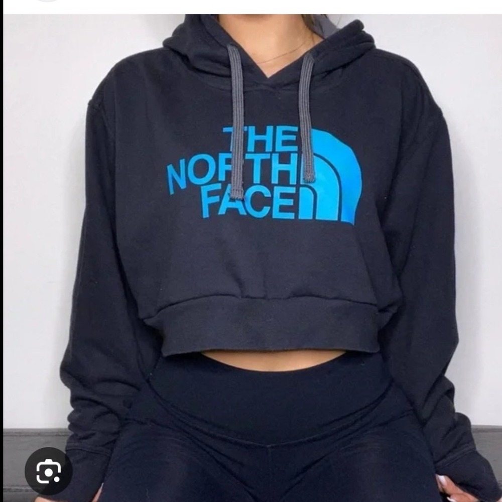 NWT The‎ North Face Womens Cropped Hoodie Black Wasabi Blue Logo XS